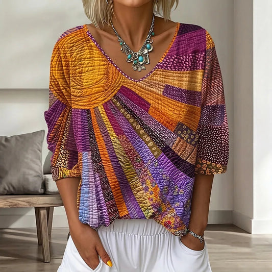 Retro Floral Gradient V-Neck Top