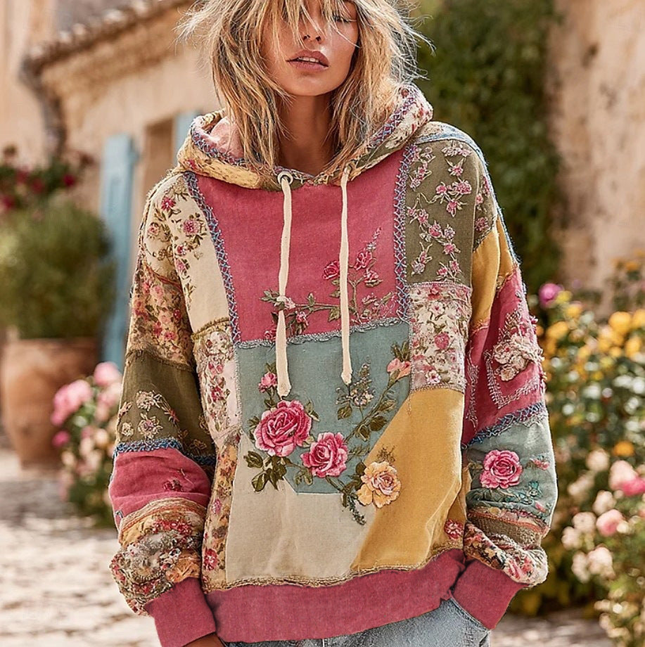 Retro Floral Print Hooded Sweatshirt