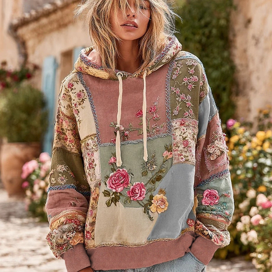 Retro Floral Print Hooded Sweatshirt
