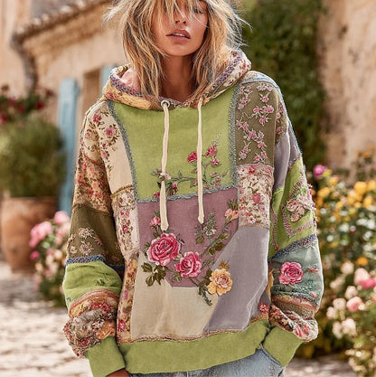 Retro Floral Print Hooded Sweatshirt