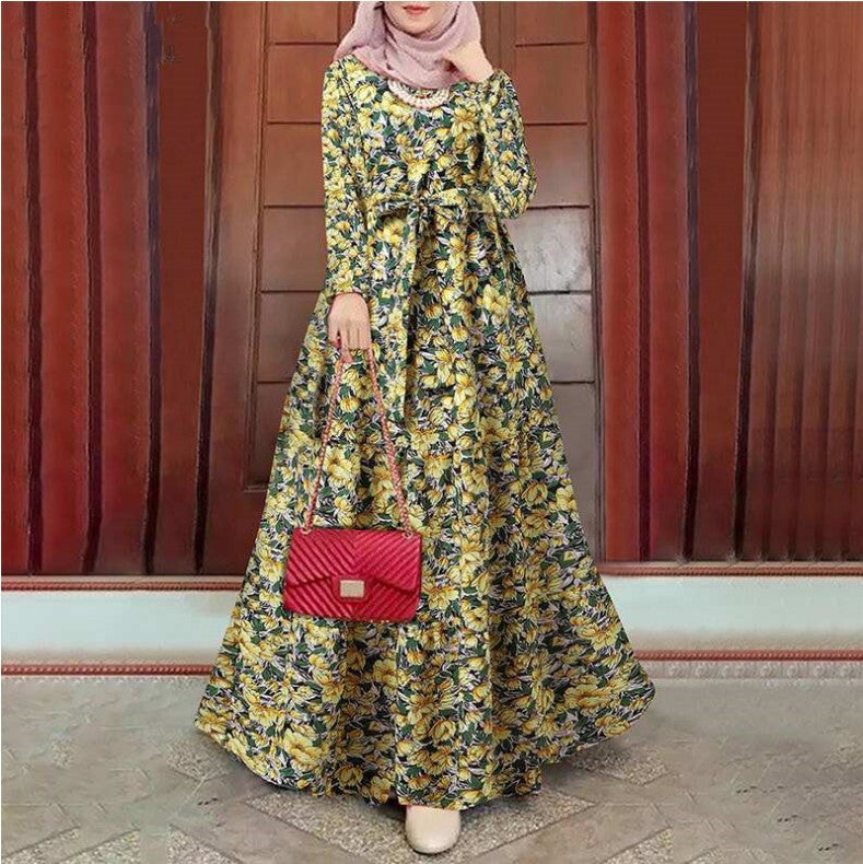 Retro Floral Print Muslim Dress with Belt