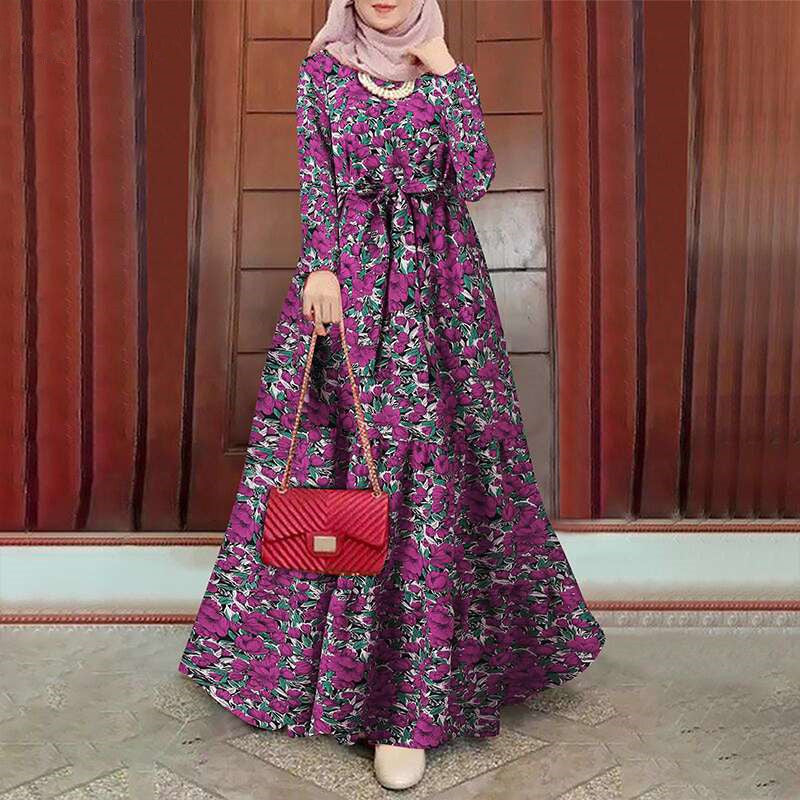 Retro Floral Print Muslim Dress with Belt
