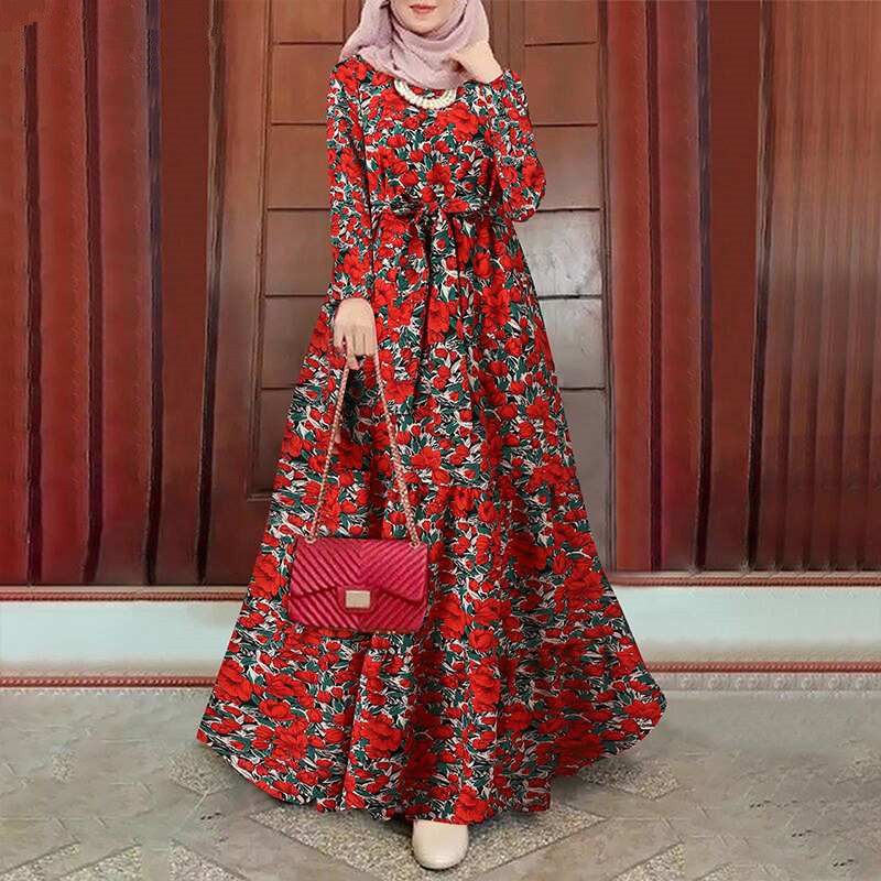 Retro Floral Print Muslim Dress with Belt