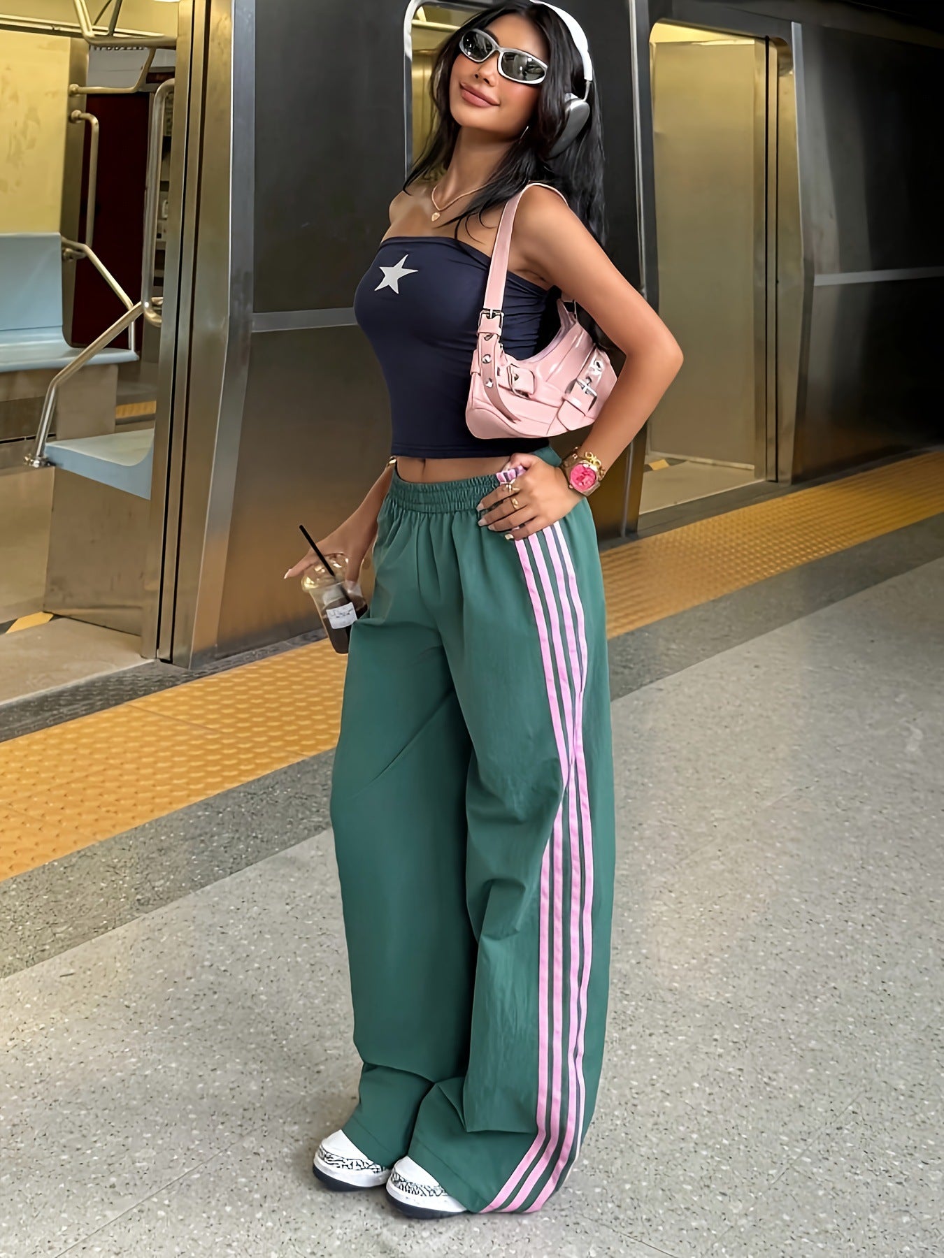 Retro Four-Stripe Wide-Leg Sports Pants