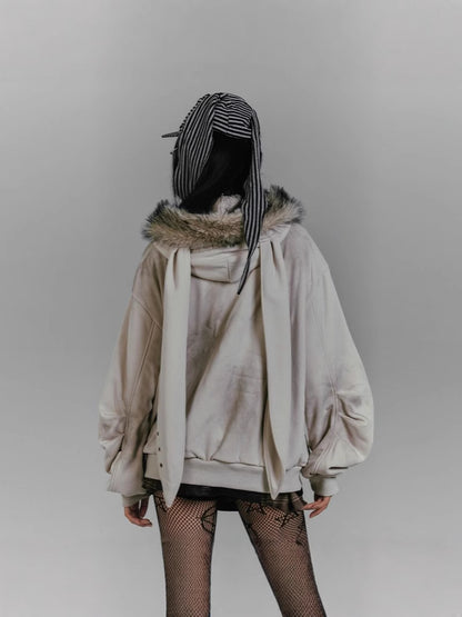 Retro fur-trimmed rabbit ear hooded sweatshirt