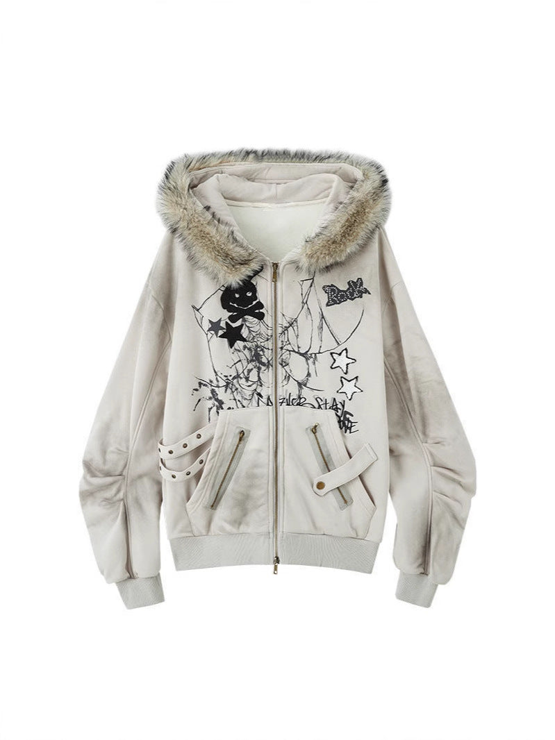 Retro fur-trimmed rabbit ear hooded sweatshirt