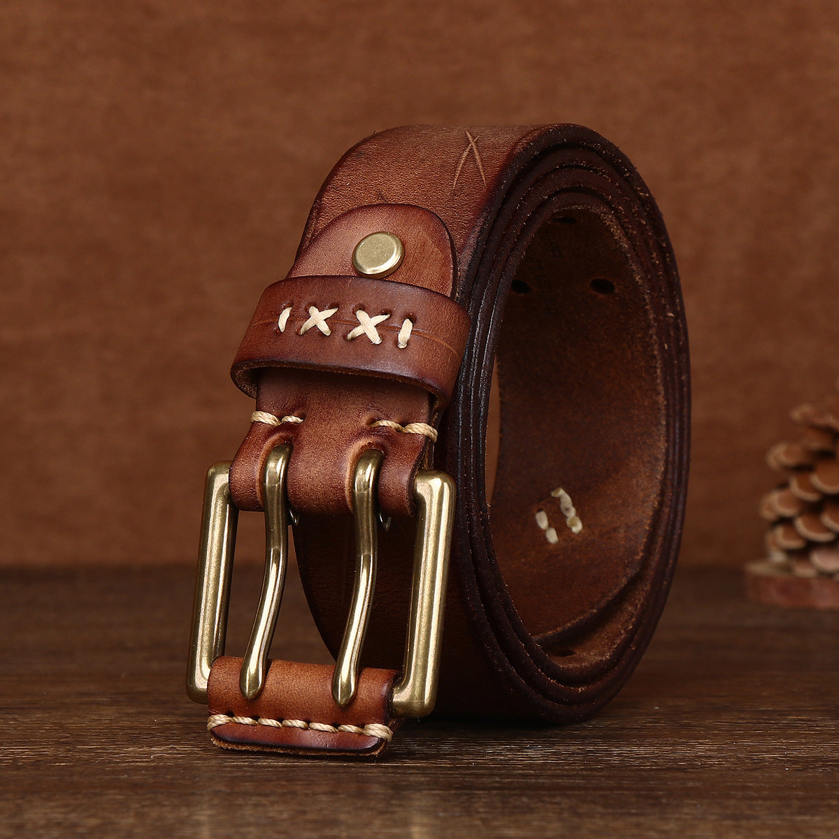 Retro Genuine Leather Belt with Copper Buckle