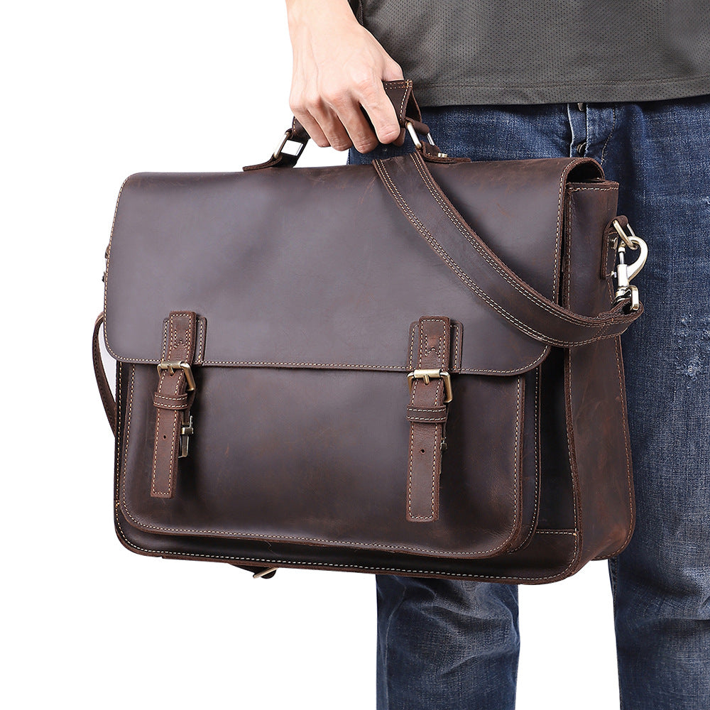 Retro Genuine Leather Briefcase for Men 17 Inch Business Handbag