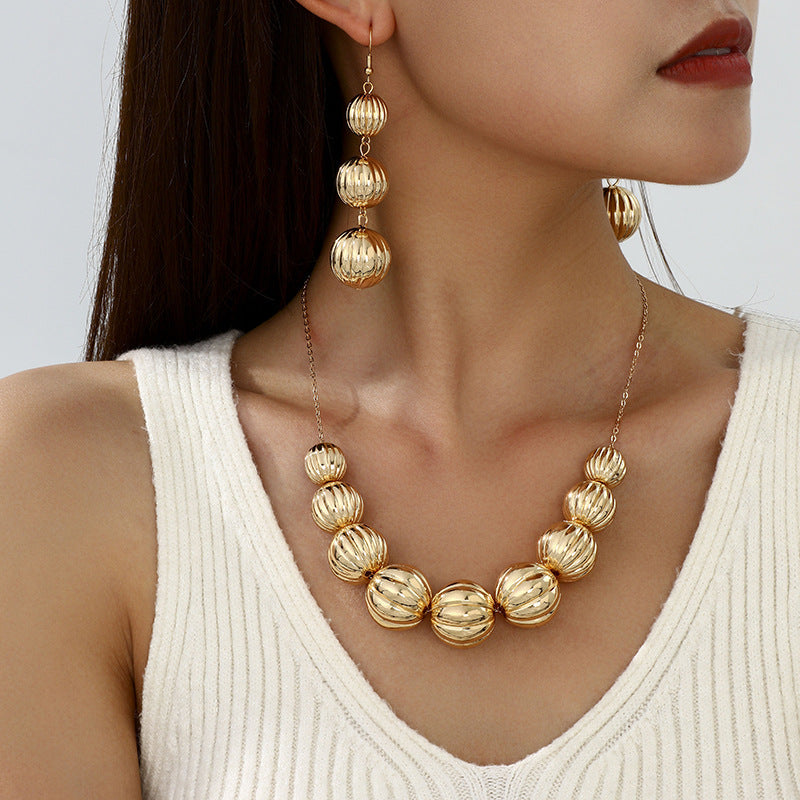 Retro Geometric Bead Necklace and Earrings Set