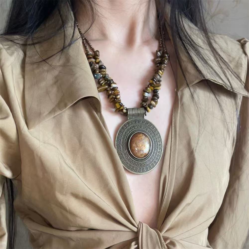 Retro geometric ethnic-style double-layer turquoise necklace