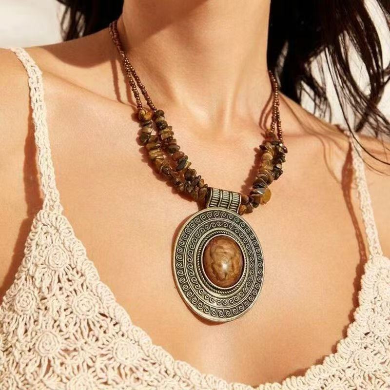 Retro geometric ethnic-style double-layer turquoise necklace