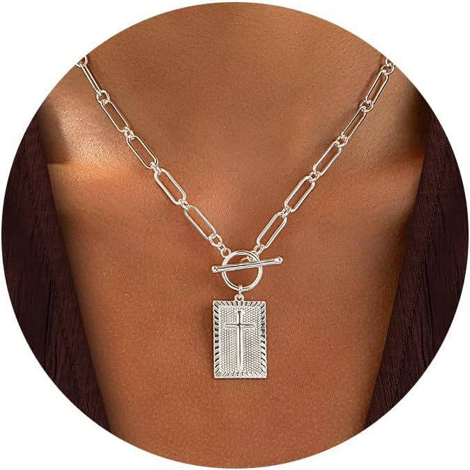 Retro Gold Cross Pendant Necklace with OT Buckle