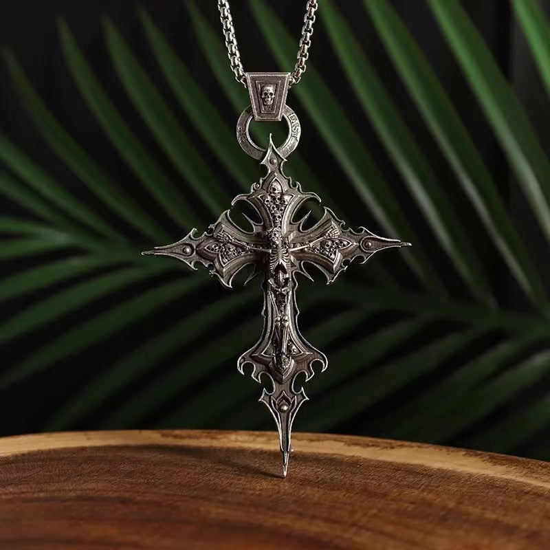 Retro Gothic Cross Skull Pendant Necklace