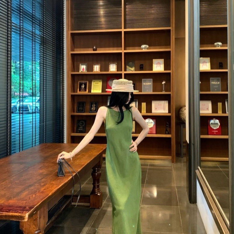 Retro green vest dress for women