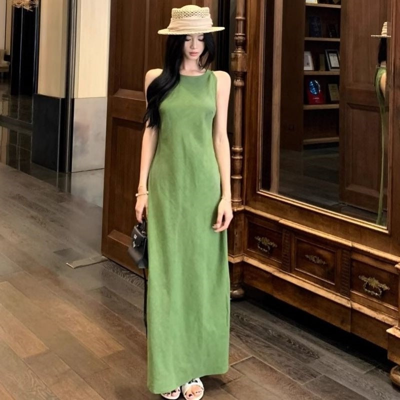 Retro green vest dress for women