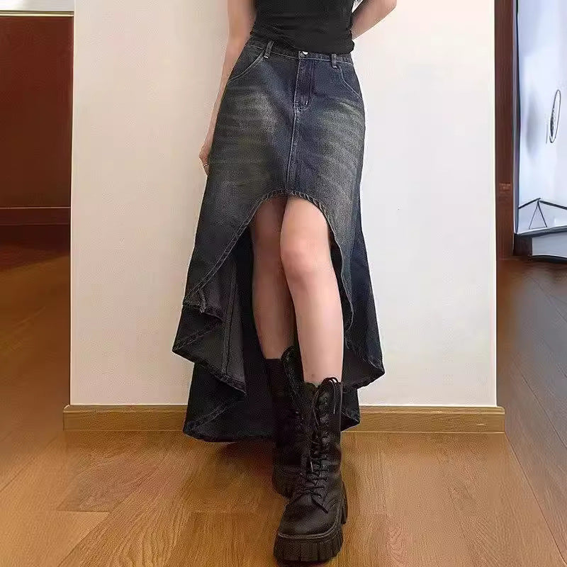 Retro High Waist Fishtail Denim Skirt