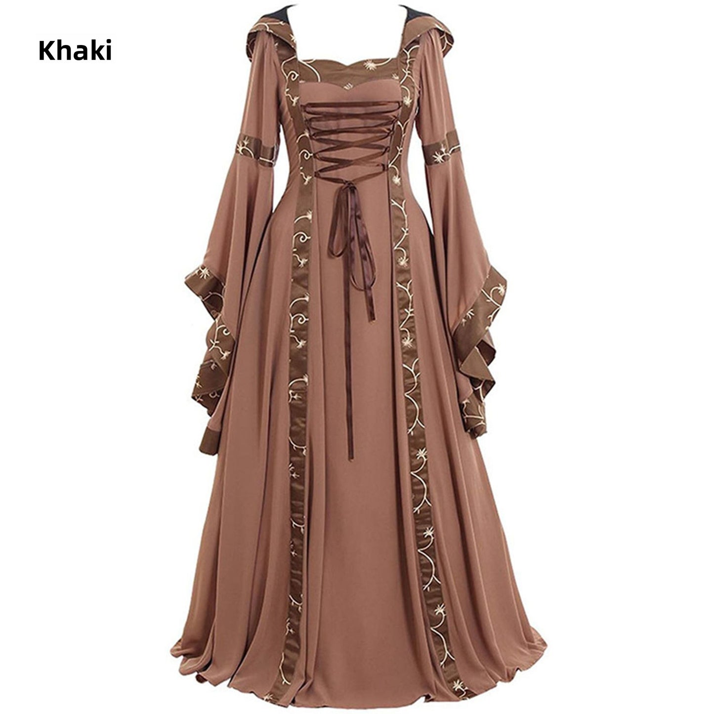 Retro hooded dress with square neckline, drawstring hem and flared sleeves, long skirt