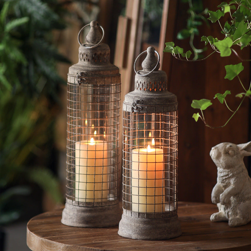 Retro Iron Candle Lantern Set for Garden and Desktop