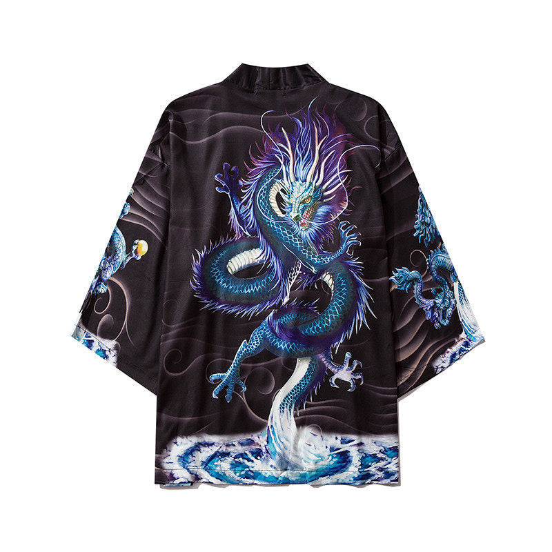 Retro Japanese Harajuku Kimono Cloak with Dragon Print