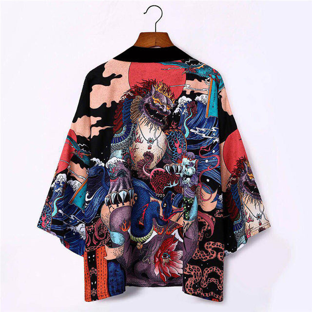 Retro Japanese Harajuku Kimono Cloak with Dragon Print