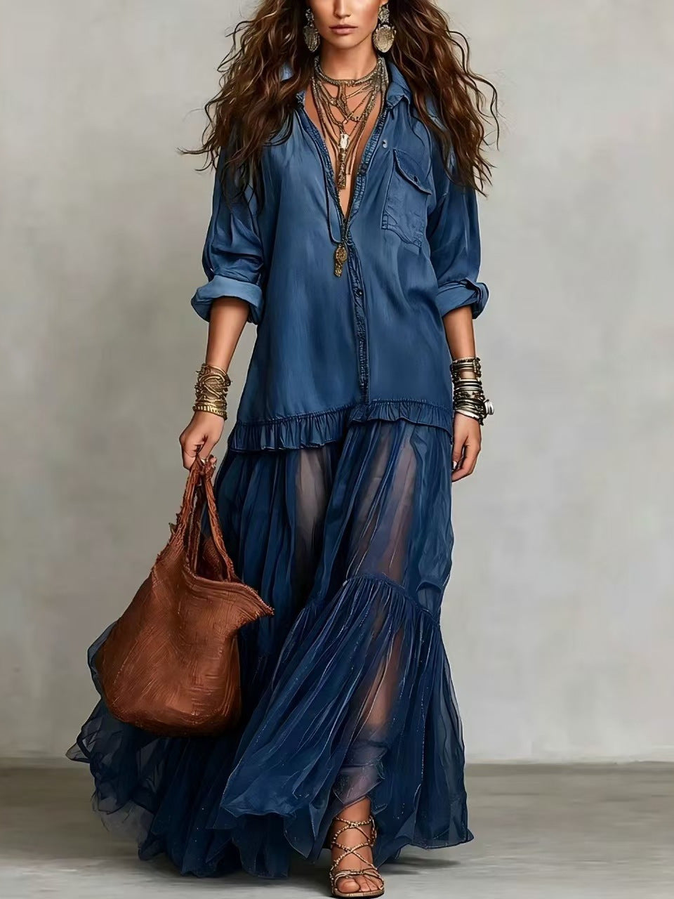 Retro Lapel Denim Long Dress