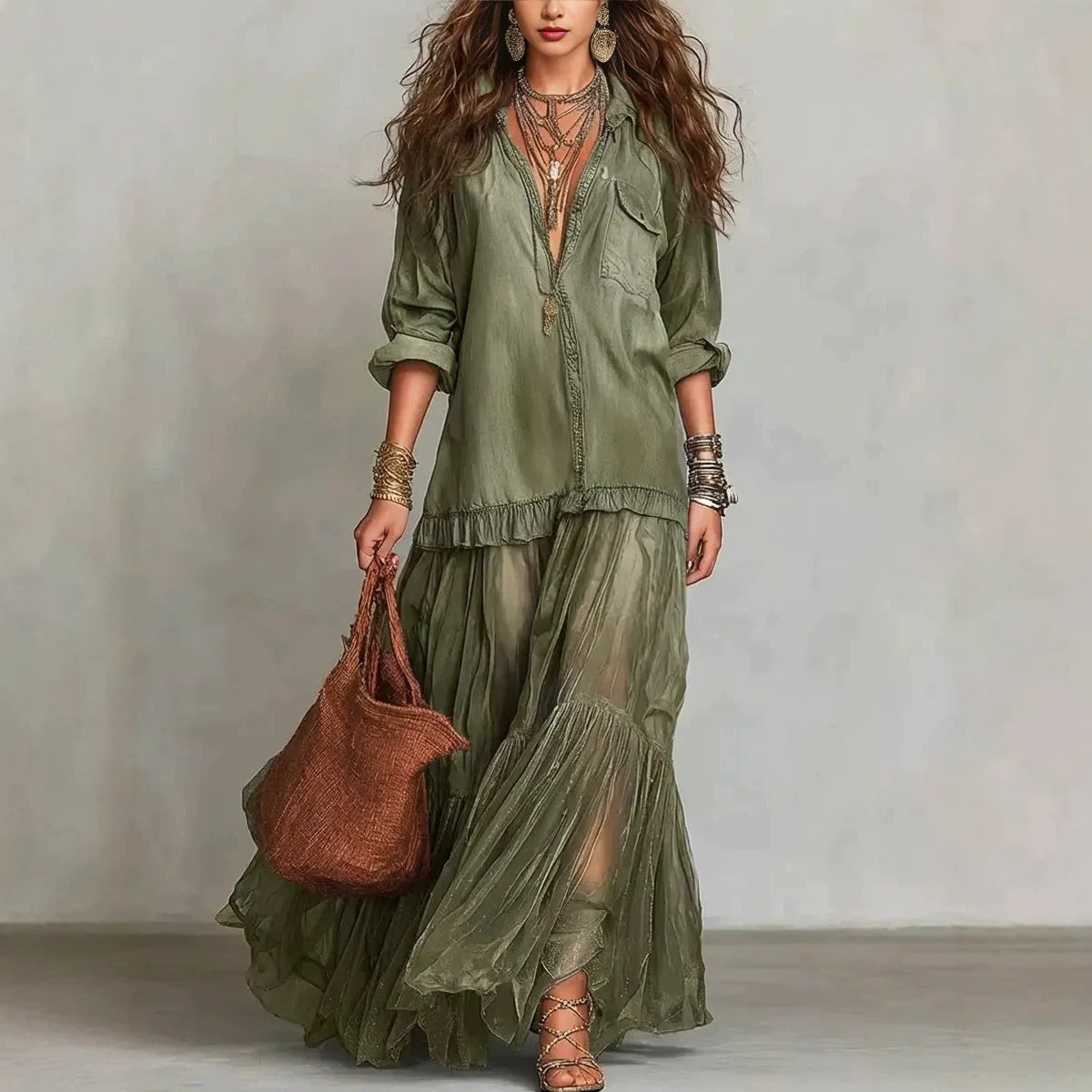 Retro Lapel Denim Long Dress