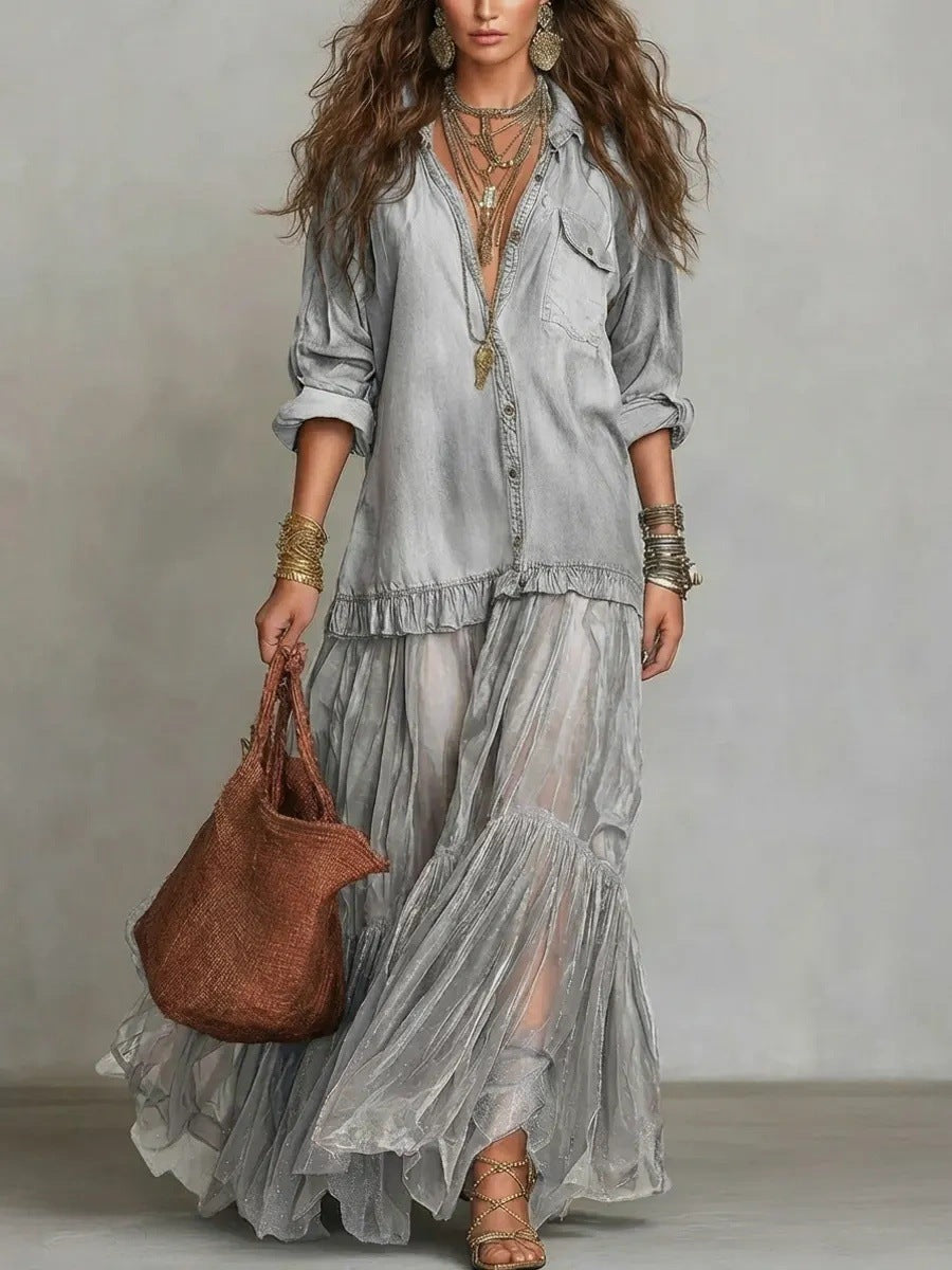 Retro Lapel Denim Long Dress