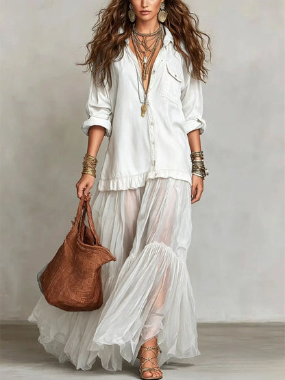 Retro Lapel Denim Long Dress