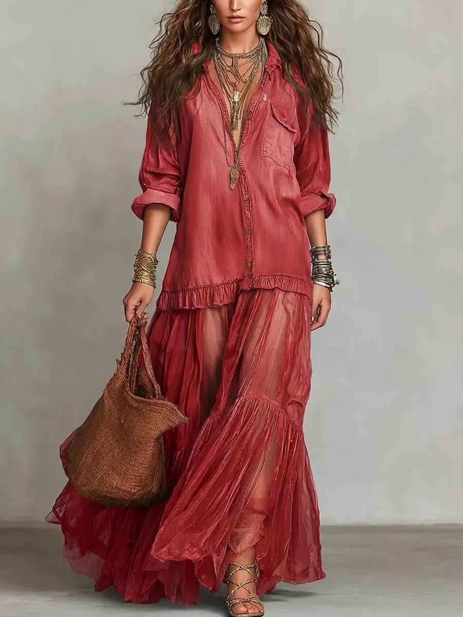 Retro Lapel Denim Long Dress