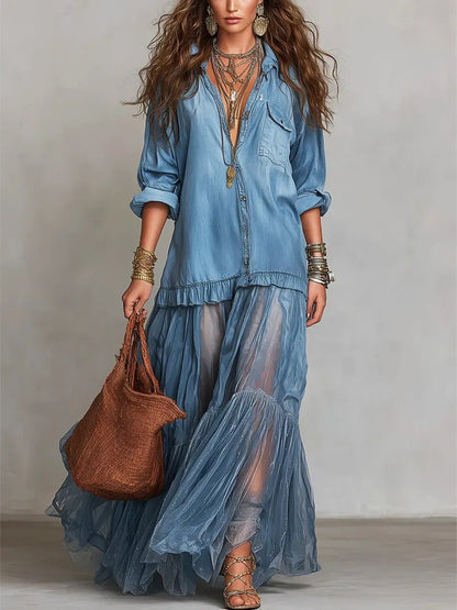 Retro Lapel Denim Long Dress