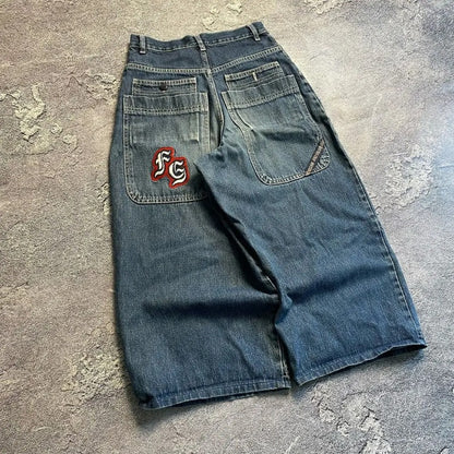 Retro large-pocket embroidered denim pants