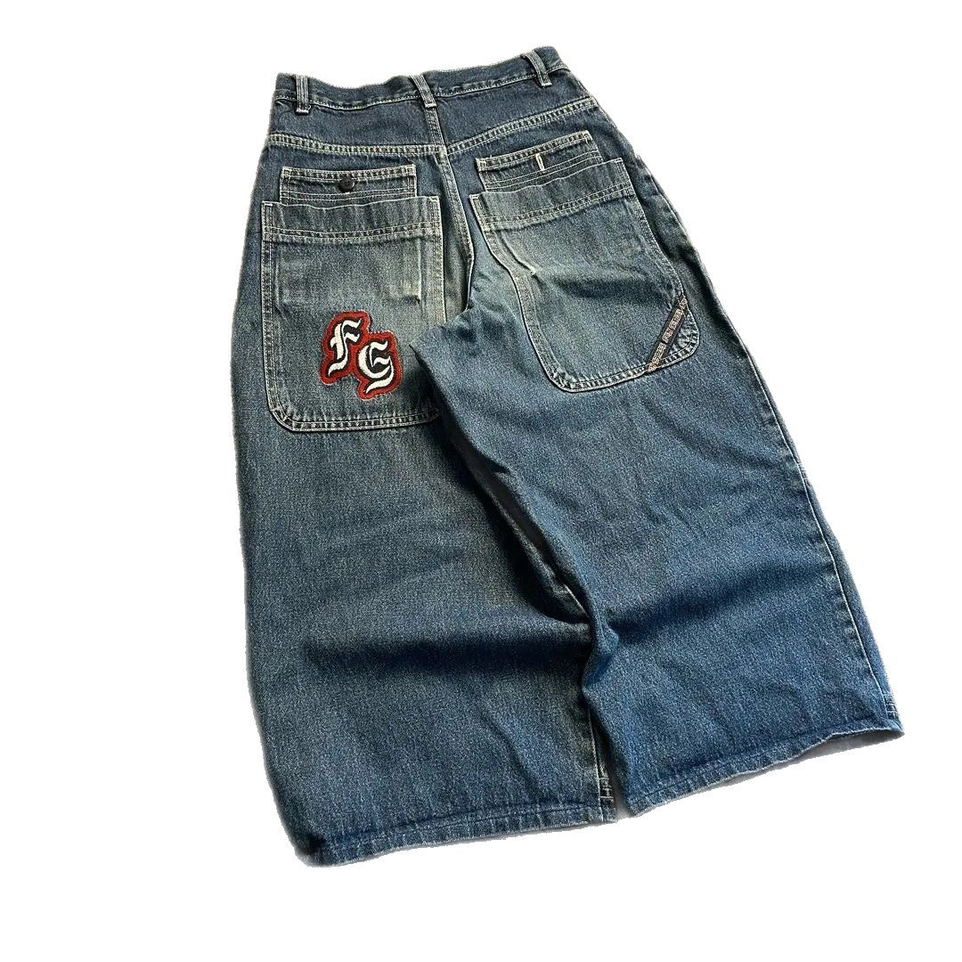 Retro large-pocket embroidered denim pants