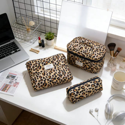 Retro Leopard Print Cosmetic Bag with Partition Storage