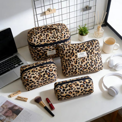 Retro Leopard Print Cosmetic Bag with Partition Storage