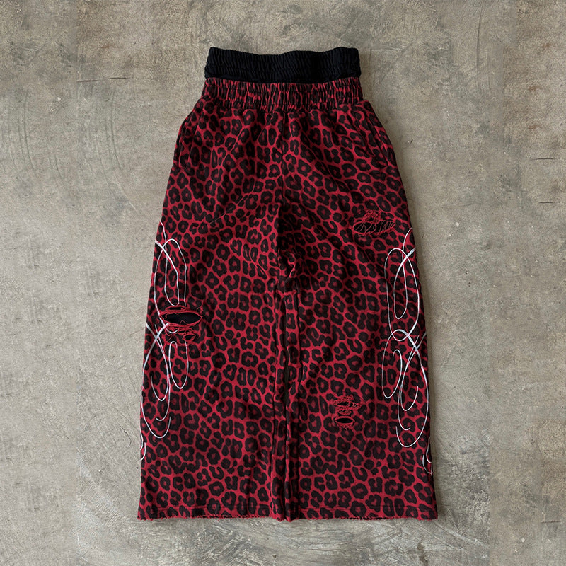 Retro Leopard Print Double Waistband Long Pants