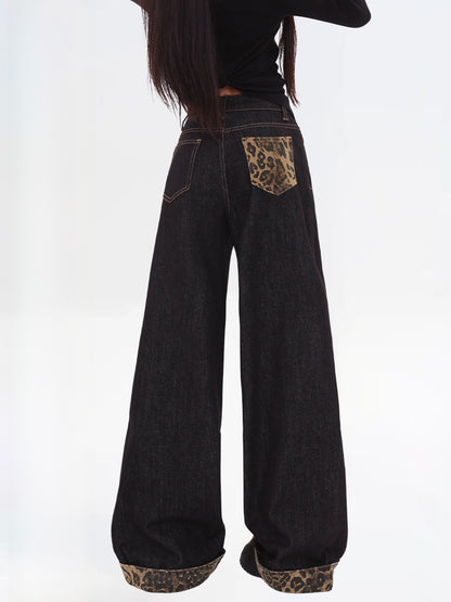 Retro leopard print patchwork jeans