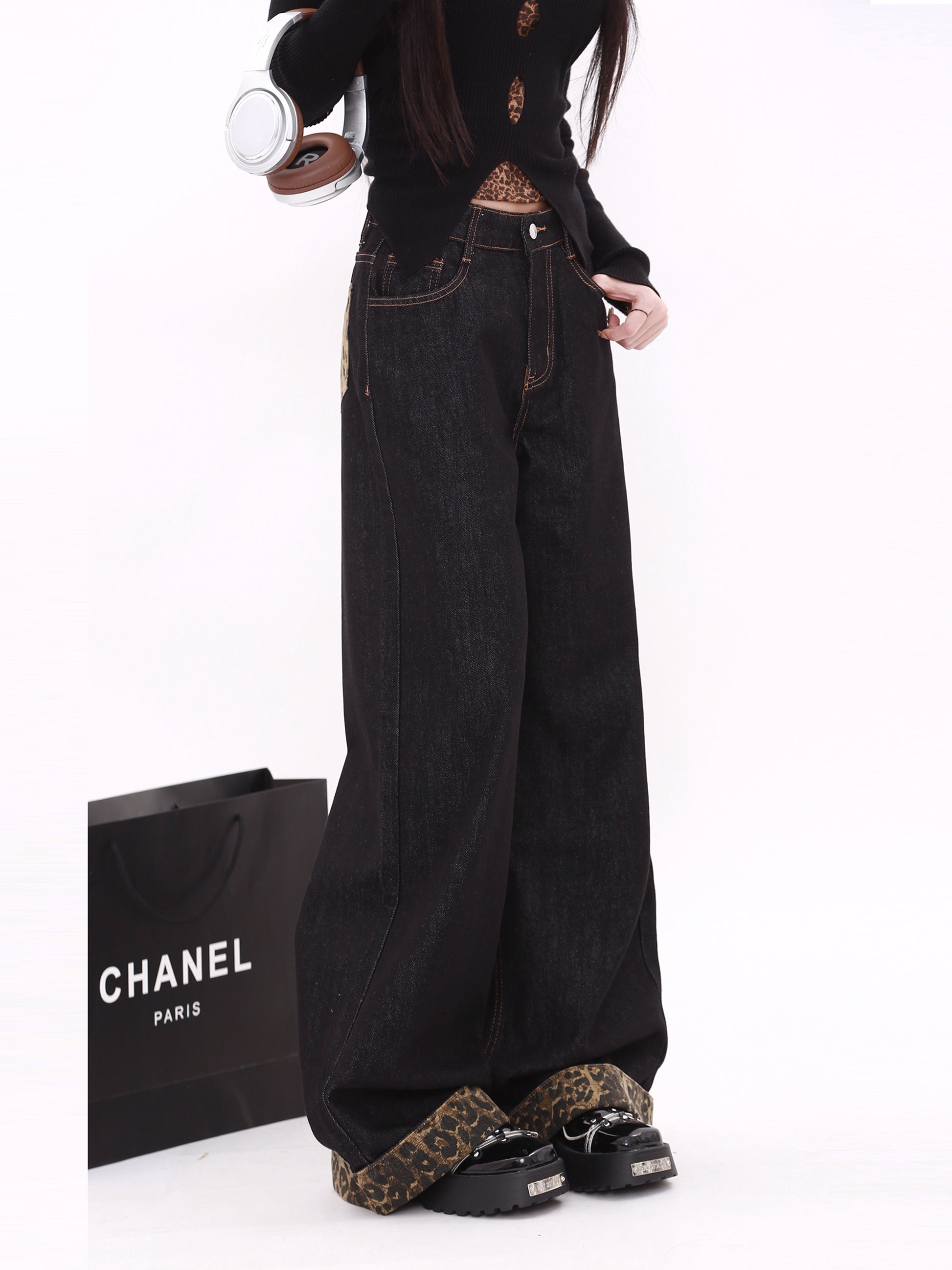 Retro leopard print patchwork jeans