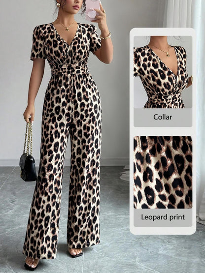 Retro Leopard Print V-Neck Jumpsuit