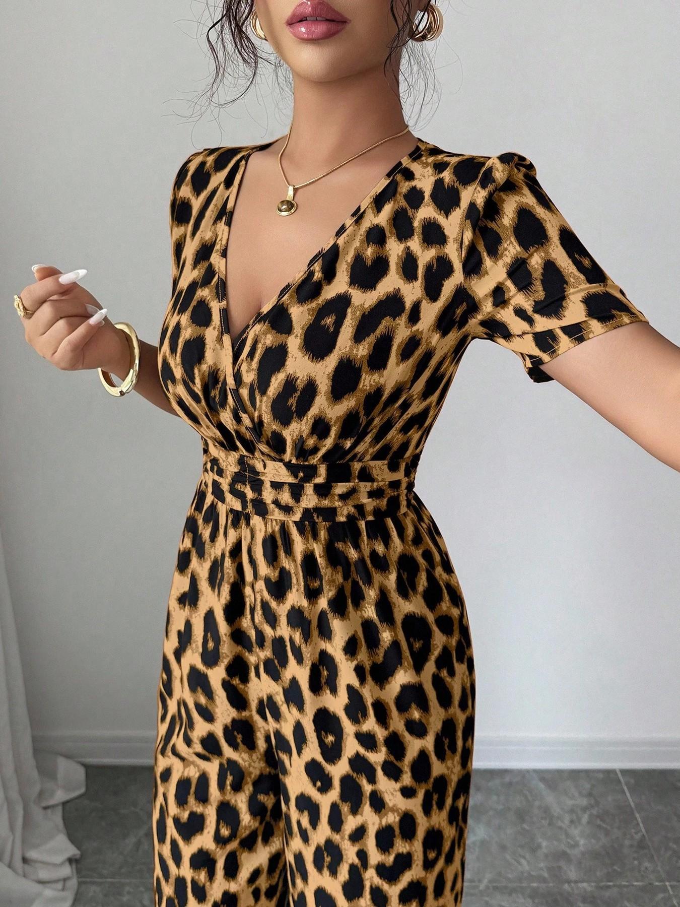 Retro Leopard Print V-Neck Jumpsuit
