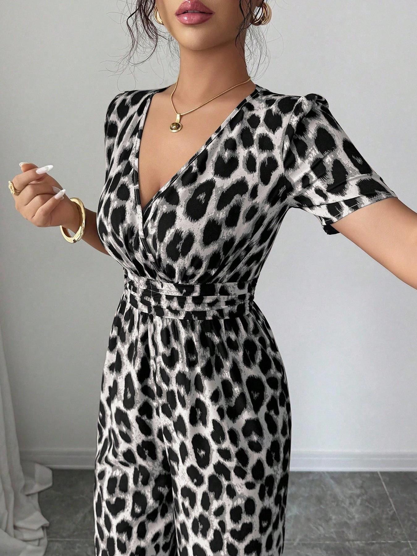 Retro Leopard Print V-Neck Jumpsuit