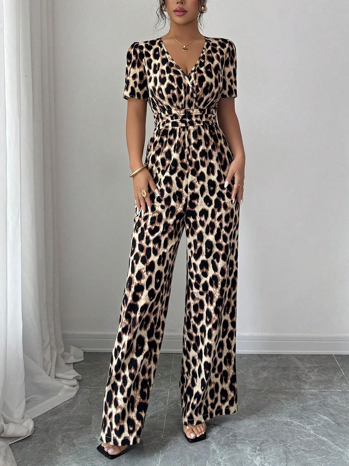 Retro Leopard Print V-Neck Jumpsuit
