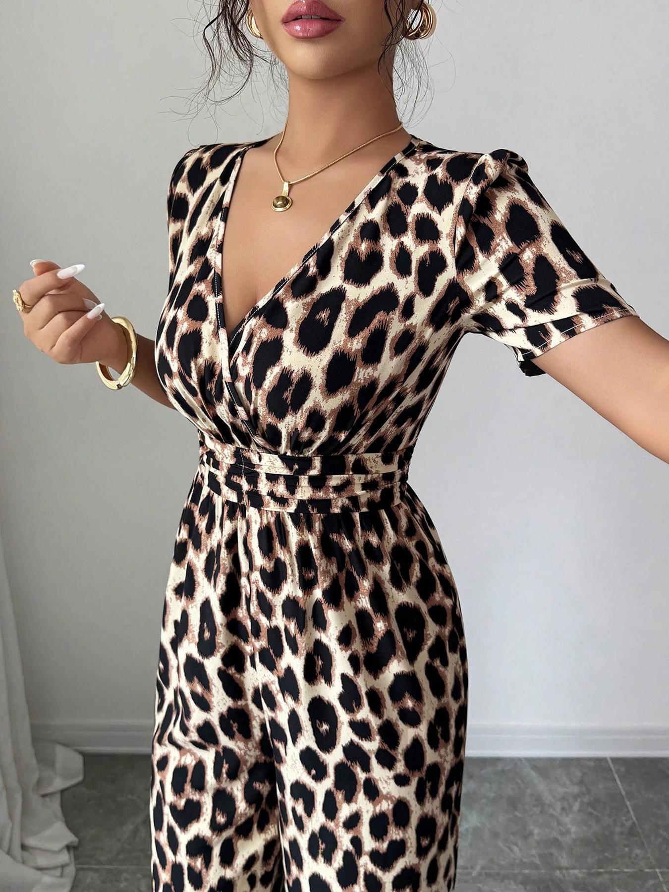 Retro Leopard Print V-Neck Jumpsuit