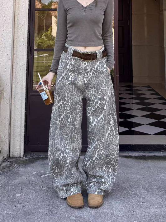 Retro Leopard Print Wide Leg Denim Pants