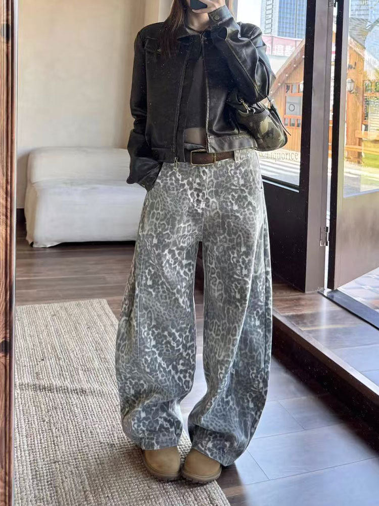 Retro Leopard Print Wide Leg Denim Pants