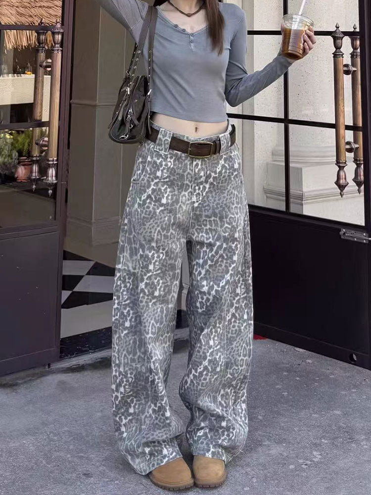 Retro Leopard Print Wide Leg Denim Pants