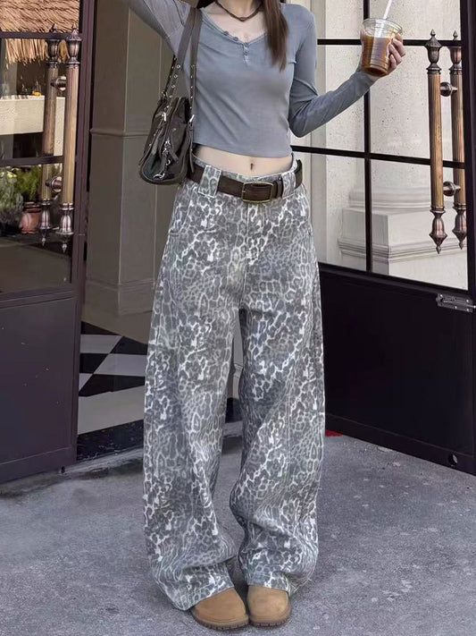 Retro Leopard Print Wide Leg Denim Pants