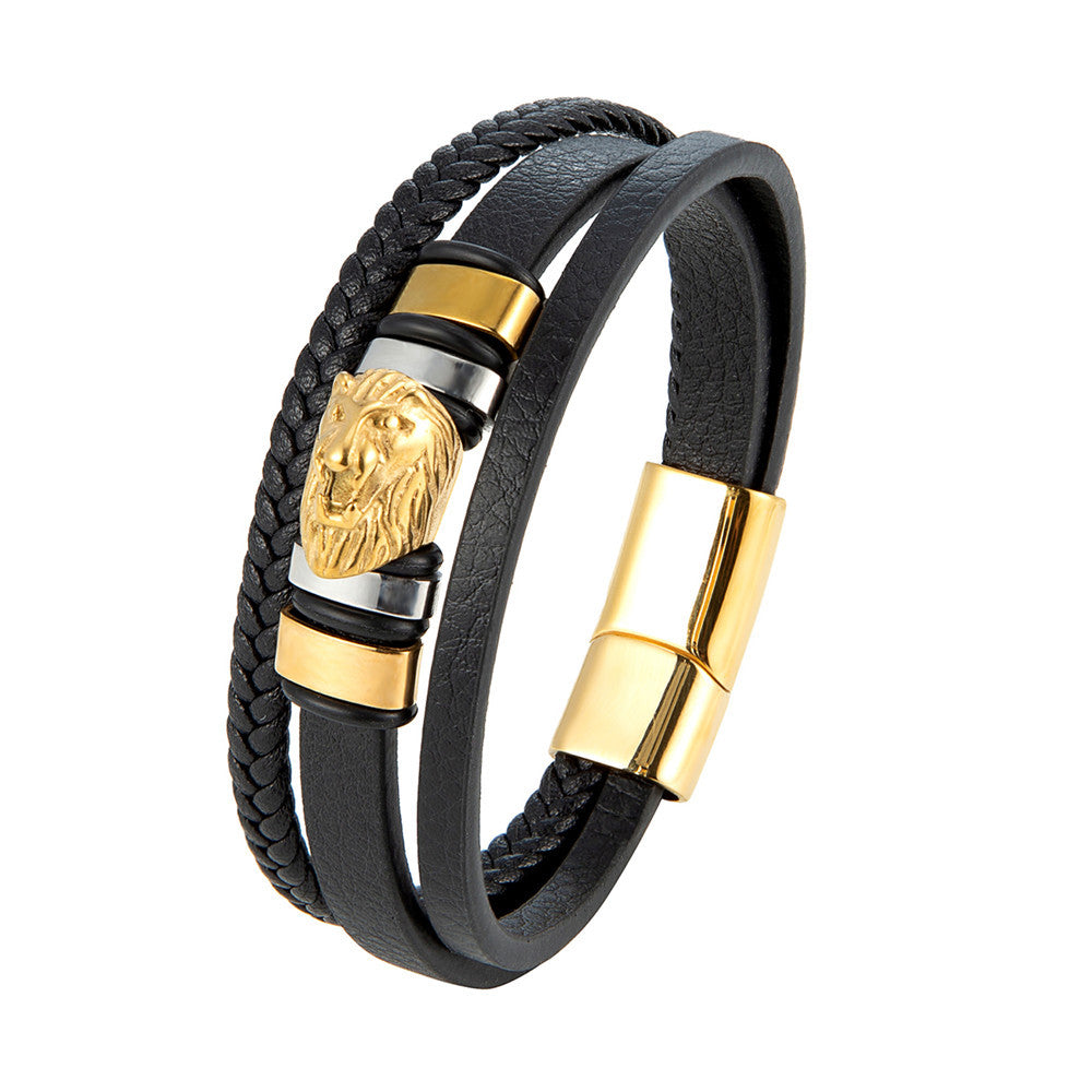 Retro Lion Head Leather Bracelet Stainless Steel Unisex Jewelry