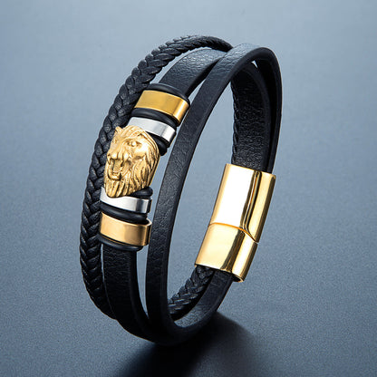 Retro Lion Head Leather Bracelet Stainless Steel Unisex Jewelry