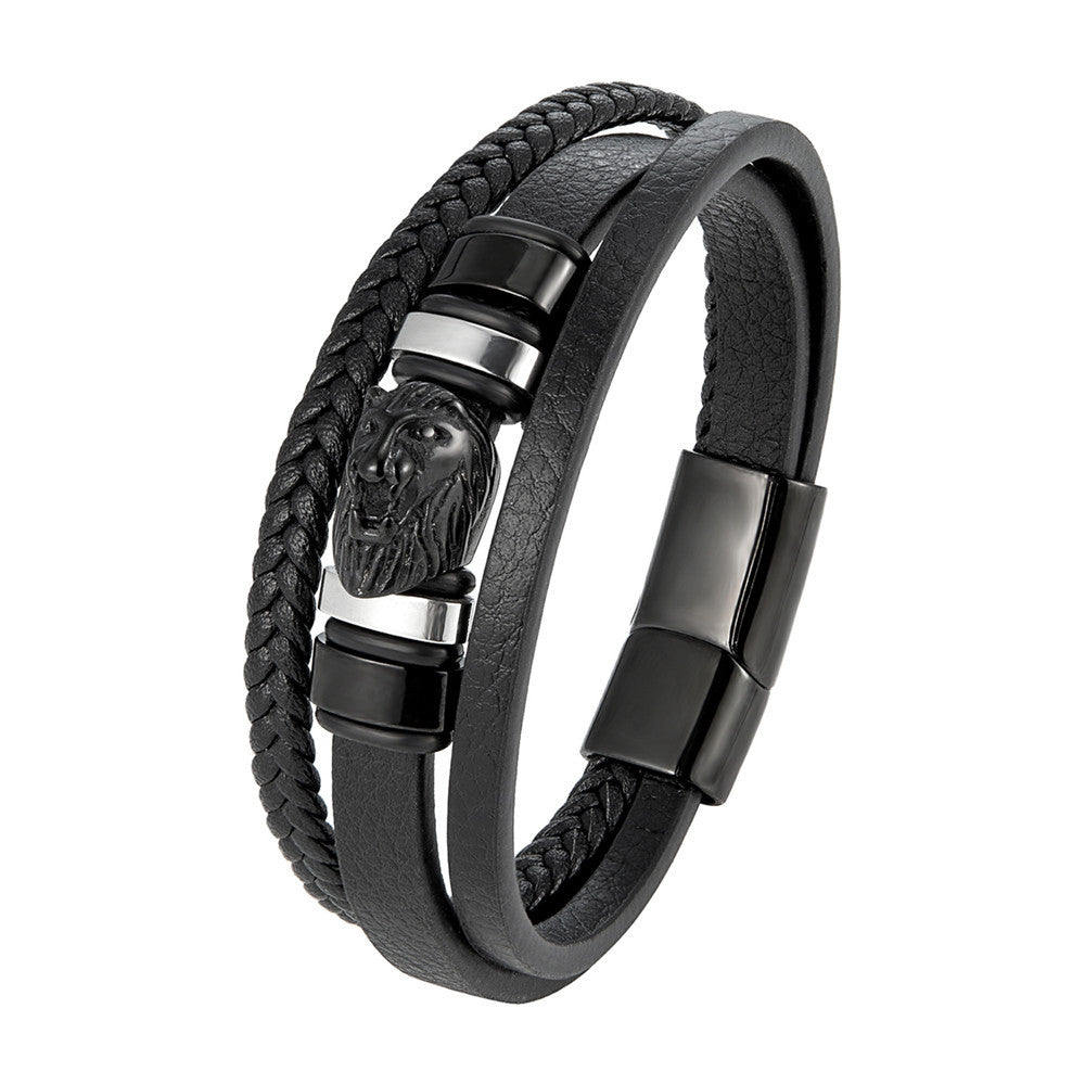 Retro Lion Head Leather Bracelet Stainless Steel Unisex Jewelry