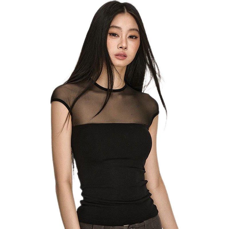 Retro Mesh Splicing Short Sleeve T-Shirt